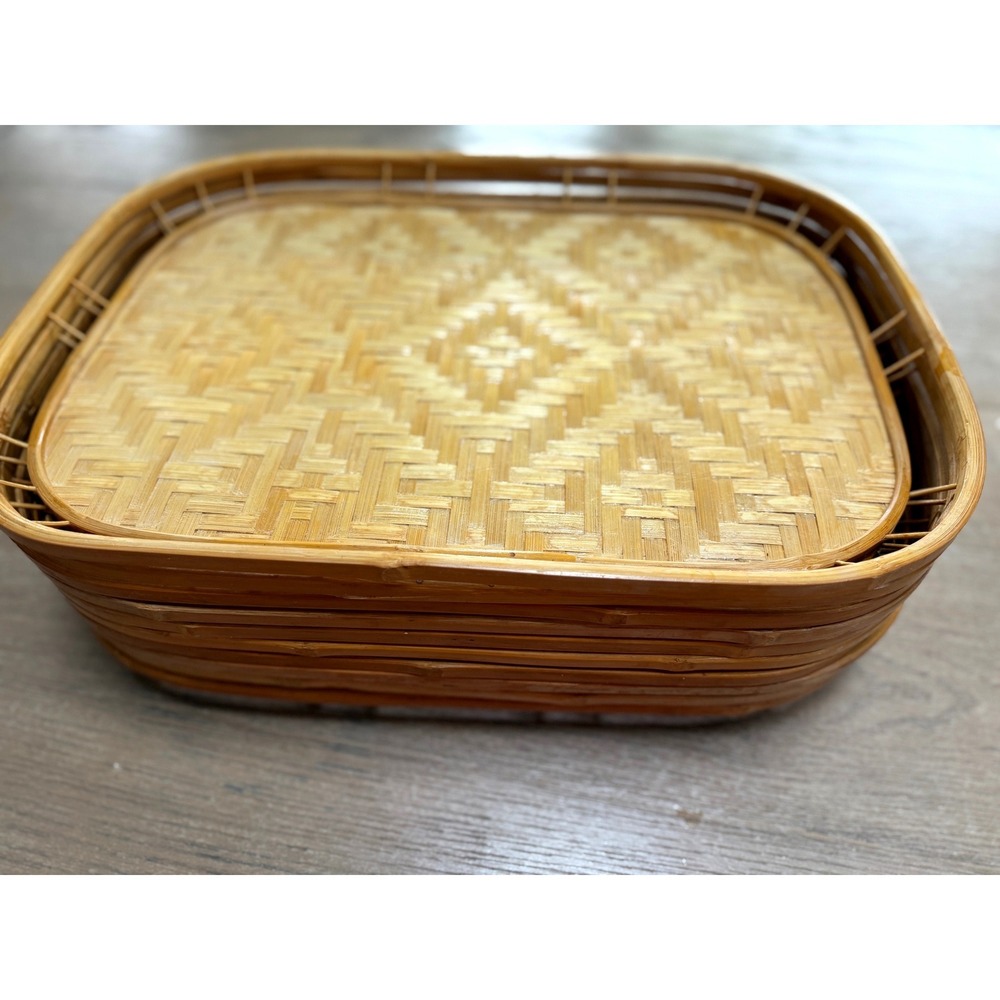 Set 10 Woven Bamboo Trays Natural Geometric Diamond Pattern Boho Serving Decor - Picture 8 of 10